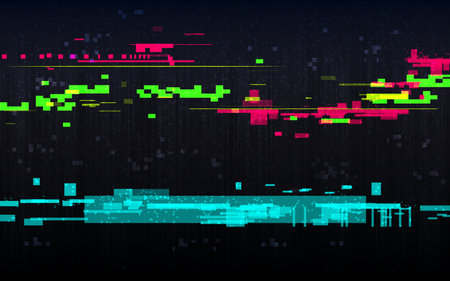Glitch digital distortion template. Random color lines. Abstract color pixels on black backdrop. Error no signal. Video glitch concept. Vector illustration.のイラスト素材