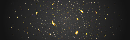Gold confetti wide banner. Luxury glowing particles on dark backdrop. Festive golden powder. Celebration lights. Decoration template for card, poster, anniversary. Vector illustrationのイラスト素材
