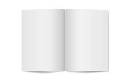 Magazine mockup on white backdrop. Opened magazine template. Vertical catalog or brochure. Realistic mockup with soft shadow. Clean open blank. Vector illustration.のイラスト素材