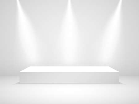 White podium mockup. Studio room with light. Award stage with spotlight. Clean pedestal blank. 3d platform for ceremony. Rectangle scene with light effect. Vector illustrationのイラスト素材