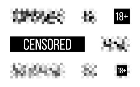 Censored signs on white backdrop. Rectangle censor template. Censorship pixel effect. Censure mosaic design. Blurry pixel symbol. Vector illustrationのイラスト素材