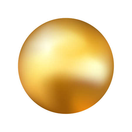 Gold ball on white backdrop. Realistic golden sphere. Yellow glossy element with reflections. Festive round object with metallic effect. Vector illustrationのイラスト素材