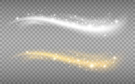 Gold and silver waves with particles. Luxury elements with glitter. Glowing light effect on transparent background for poster or brochure. Vector illustrationのイラスト素材
