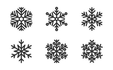 Snowflake icons set. Snow elements on white background. Christmas snow in flat design. Festive decoration template. Snowflakes collection for greeting card. Vector illustrationのイラスト素材