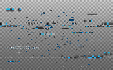 Glitch overlay effect. Color pixel composition. Abstract distorted shapes. Digital distortion on transparent backdrop. Video no signal. Vector illustrationのイラスト素材