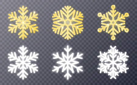 Glowing snowflakes. Gold and silver snowflake collection. Shining Christmas decoration. Bright festive symbols. Elegant snow elements. Vector illustrationのイラスト素材