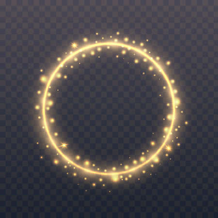 Glowing circle on transparent background. Gold ring with shining glitter. Round frame with particles. Modern element with glittering. Vector illustrationのイラスト素材
