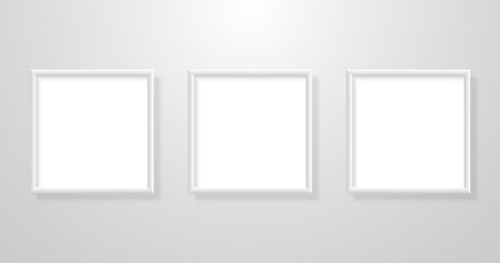 Painting mockup three. Realistic photo frames with shadow. Pictures blank set hanging on white wall. Square light frames collection. Vector illustrationのイラスト素材