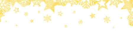 Christmas decoration. Gold snowflakes and stars with glitter. Festive winter poster. Wide sparkling border for website or greeting card. Golden garland on white backdrop. Vector illustrationのイラスト素材