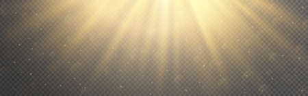 Sun lights effect. Light rays wide banner. Warm realistic sunlight. Sunshine with bokeh and particles. Yellow sunbeams template. Vector illustrationのイラスト素材