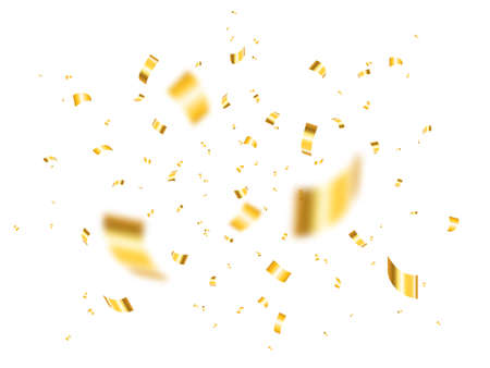 Gold confetti burst isolated on white background. Defocused confetti pieces and particles. Realistic anniversary concept. Bright festive elements with glitter. Vector illustrationのイラスト素材