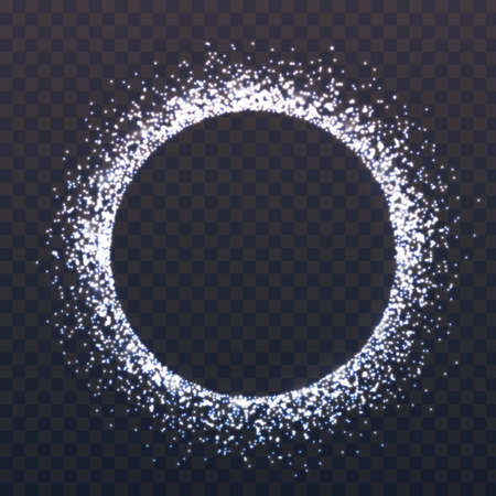Glitter circle. Round border with silver particles. Christmas card or invitation. Magic stardust and sparkle. Glowing frame for poster or web. Shiny white dust. Vector illustrationのイラスト素材