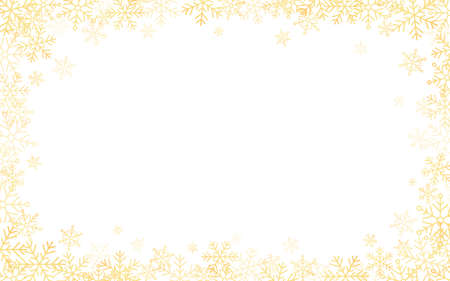 Gold snowflakes frame. Snow effect on white background. Christmas template for invitation or banner. Holiday decoration with snow flakes. Vector illustrationのイラスト素材