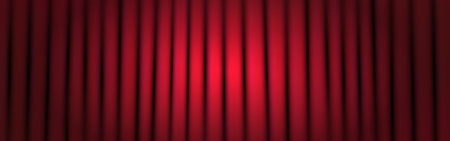 Curtain red. Realistic concert template with spotlight. Wide shining stage background with closed curtain and light. Award ceremony concept. Vector illustrationのイラスト素材