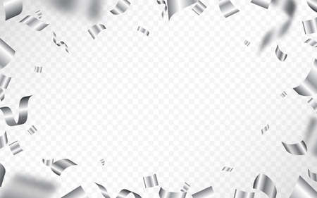 Silver confetti frame. Rectangle decoration for Christmas card or poster. Shining serpentine on transparent backdrop. Luxury border with glowing elements. Vector illustrationのイラスト素材