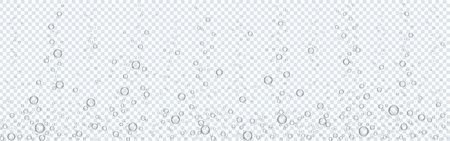 Bubbles underwater. Water sparks. Fizzy air on transparent backdrop. Sparkling water effect. Soda pop with oxygen bubbles. Aquarium or undersea template. Vector illustrationのイラスト素材