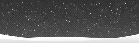 Snowfall and snow caps on transparent background. Christmas falling snowflakes. White winter atmosphere. Snowy texture with flying flakes. Realistic blizzard pattern. Vector illustrationのイラスト素材
