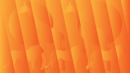 Warm flat geometric African background with elements of ornament and silhouettes of lions and giraffes against the backdrop of the setting sunのイラスト素材