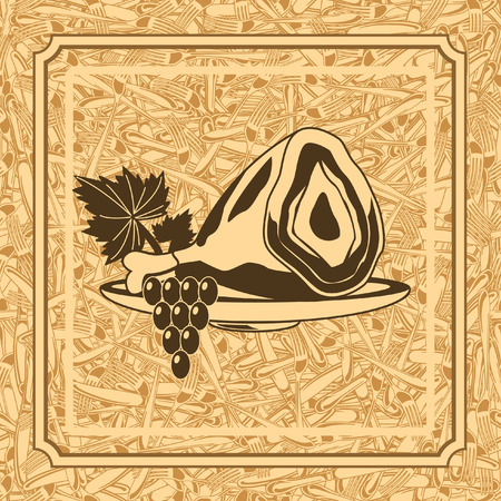 seamless pattern of ham with grapes and background from forks and knivesのイラスト素材