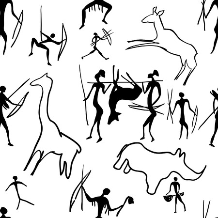 vector seamless pattern of rock paintings with scenes of hunting and lifeのイラスト素材