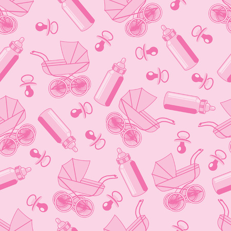 seamless pattern from pacifier, pram and baby bottle on a pink backgroundのイラスト素材