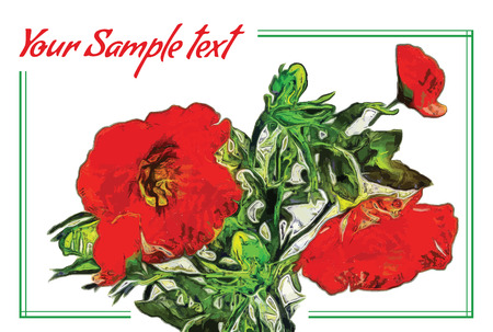 banner oil paint with bouquet of red poppies on a white background with a place for inscriptionのイラスト素材