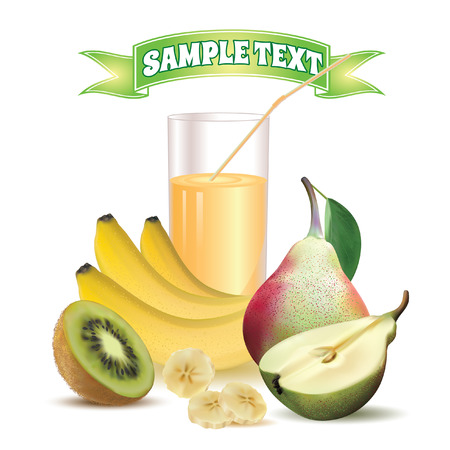 glass with juice and straw bananas and slice of banana pear with leaf and half of pear and kiwi on a white background with a ribbon for inscription at the topのイラスト素材