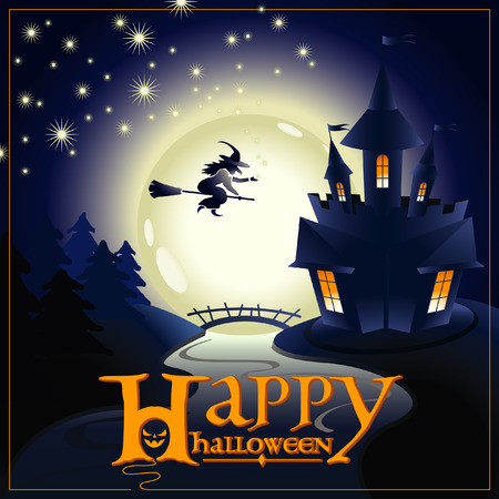 inscription congratulation Happy Halloween with a picture of castle and forests, moon in the night, starry sky, river bridge and flying on broomstick witchのイラスト素材