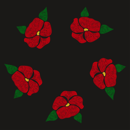 Red flowers embroidered on a black backgroundのイラスト素材