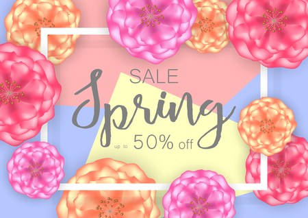 Spring sale banner background with beautiful flowers. Vector illustration.のイラスト素材