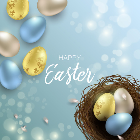 Greeting Easter background with realistic Easter eggs and chicken feathers. Top view with copy spaceのイラスト素材