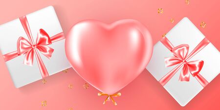 Festive banner with pink helium balloon. Frame composition with space for your text. Romantic background. Valentine's day concept .のイラスト素材