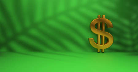 Gold Dollar Sign on green studio background. 3D Renderingの写真素材