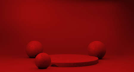 Empty red podium for display product. 3D rendering.