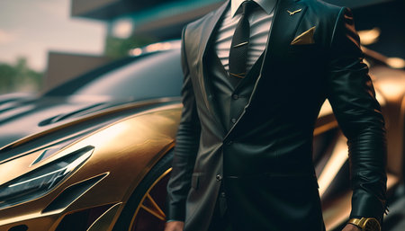 A Close-Up of a Rich Businessman Standing in Front of a Luxurious Supercar. Generative AI.の素材