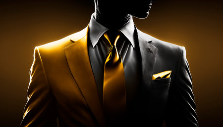 The Elegance of Wealth: A Close-Up Silhouette of a Rich Businessman in Black and Gold Suit. Generative AI.の素材