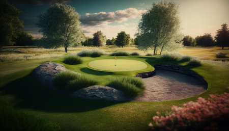 Golf course in a sunny day background. Generative AI.の素材