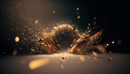 Explosion and swirl of gold sparkles background. generative aiの素材