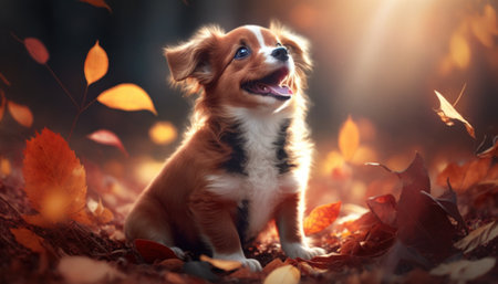 Happy puppy in autumn leaves in the park. Generative AIの素材
