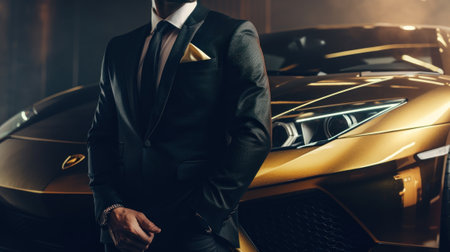 A Close-Up of a Rich Businessman Standing in Front of a Luxurious Supercar. Generative AI.の素材