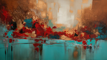 A Minimalistic Abstract Texture of Turquoise, Red and Gold Paint. Generative AIの素材