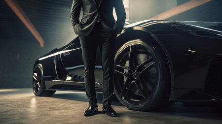 A Close-Up of a Rich Businessman Standing in Front of a Luxurious Supercar. Generative AI.の素材