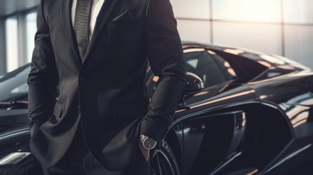 A Close-Up of a Rich Businessman Standing in Front of a Luxurious Supercar. Generative AI.の素材