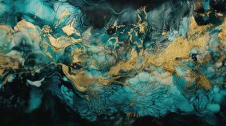 A Minimalistic Abstract Texture of Turquoise and Gold Paint. Generative AIの素材