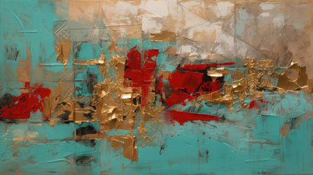 A Minimalistic Abstract Texture of Turquoise, Red and Gold Paint. Generative AIの素材