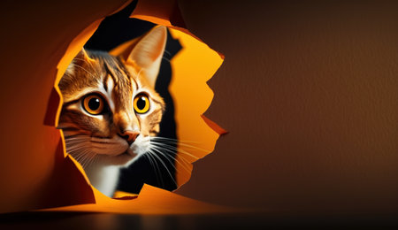 A Surprised Cat in an Orange Wall Hole. Generative AIの素材