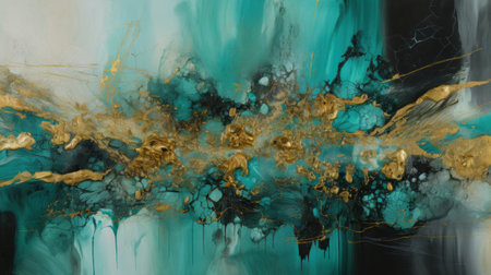 A Minimalistic Abstract Texture of Turquoise and Gold Paint. Generative AIの素材