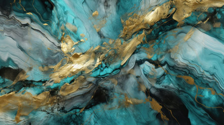 A Minimalistic Abstract Texture of Turquoise and Gold Paint. Generative AIの素材