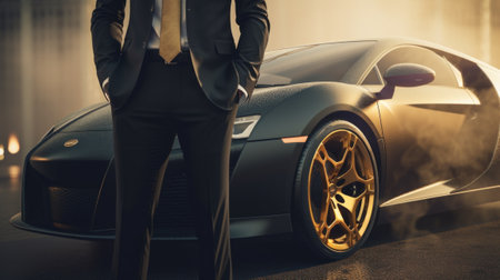 A Close-Up of a Rich Businessman Standing in Front of a Luxurious Supercar. Generative AI.の素材