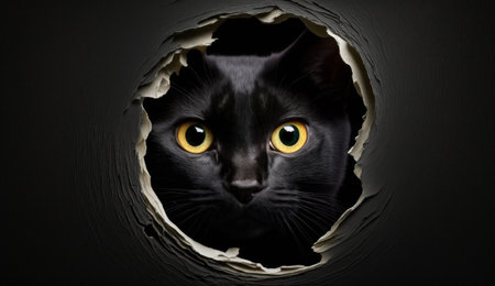 Midnight Watch: A Curious Black Cat Peeking Out of a Wall Hole. Generative AIの素材
